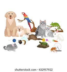 Home pets set, cat dog parrot goldfish hamster, domesticated animals
