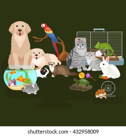 Home pets set, cat dog parrot goldfish hamster, domesticated animals