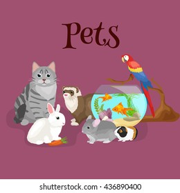 Home pets set, cat dog parrot goldfish hamster, domesticated animals