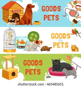 Home pets three horizontal banners with parrot in cage turtle rabbit dog and cat icons and description goods for pets vector illustration  