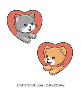 Home pets-cat and dog in a heart shapes. Hand drawn vector illustrations with animal theme