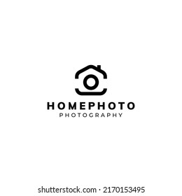 Diseño del logo de la foto del hogar, combinación del obturador de la cámara y el techo de la casa con estilo de línea abstracta. Adecuado para negocios de fotógrafos de interiores o de propiedades