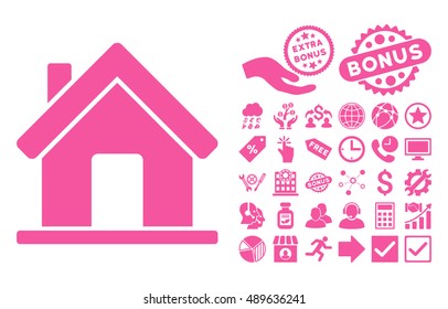 Home pictograph with bonus design elements. Vector illustration style is flat iconic symbols, pink color, white background.