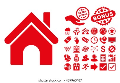 Home pictograph with bonus elements. Vector illustration style is flat iconic symbols, red color, white background.