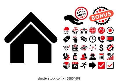 Home pictograph with bonus icon set. Vector illustration style is flat iconic bicolor symbols, intensive red and black colors, white background.