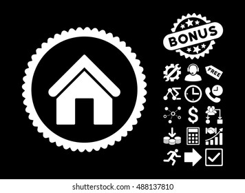 Home pictograph with bonus pictogram. Vector illustration style is flat iconic symbols, white color, black background.