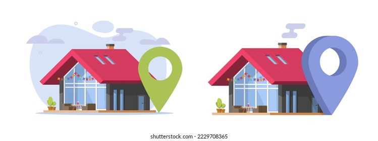 Marcador de posición del mapa del alfiler del hogar ubicación del lugar icono del vector o de la propiedad de la casa vender comprar 3d ilustración gráfica clipart, zona de oficina de la villa geolocalización residencial, desarrollo del edificio o construcción