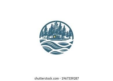 Home in pine forest and lake side