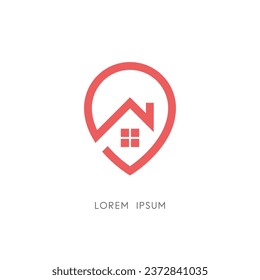 Logotipo del lugar de origen - casa con símbolo de ventana y chimenea y dirección