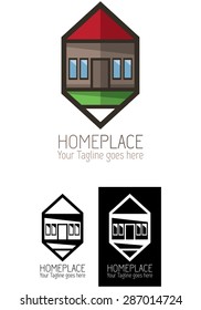 Home Place vector logo template, a logo template representing a house with the shape of a pin search, suitable for multiple house business like real states, home finders, etc.