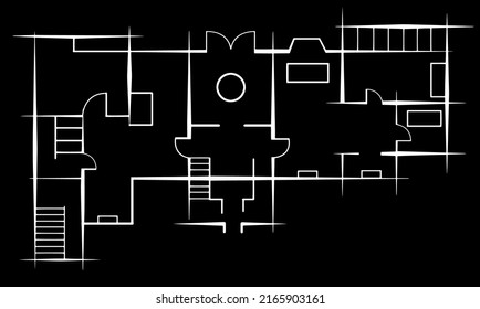 plano de casa como dibujo de esbozo digital para la construcción de una casa con el diseño del interior con habitaciones, puertas y muebles - imagen técnica esquemática negra con líneas blancas