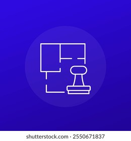 Home plan, room layout icon with stamp, line vector