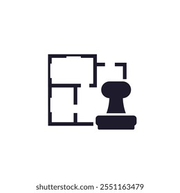 Plano residencial, ícone de layout da sala com um selo