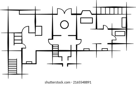 home plan vector as a digital sketch line drawing for the construction of a house with the design of the interior with rooms, furniture, stairs and doors  - technical schematic architecture image 
