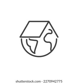 Icono de línea del planeta de origen. signo de estilo lineal para concepto móvil y diseño web. globo terrestre con icono vector de contorno de techo. Símbolo, ilustración del logotipo. Gráficos vectoriales