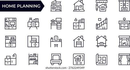 Home Planning Line Icon Set. Architecture, Interior Layout and House Design Outline Icons, Editable Stroke, Pixel Perfect Vector