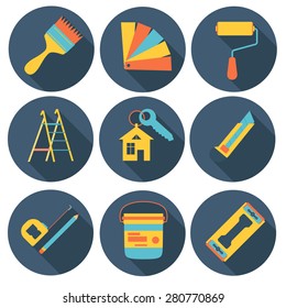 Home planning and renovation round flat design icon set