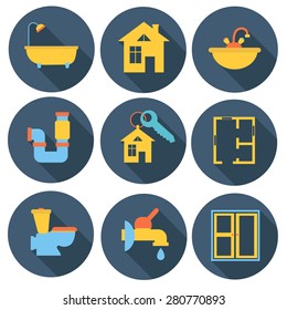 Home planning and renovation round flat design icon set