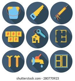 Home planning and renovation round flat design icon set