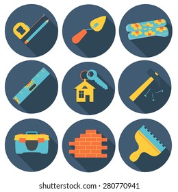 Home planning and renovation round flat design icon set