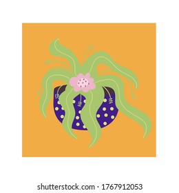 Home plant in a blue ceramic pot decorative home plant. Indoor flower with long leaves,home decorative greens.vector illustration in Doodle style. design for postcards,greeting cards,printing,textiles