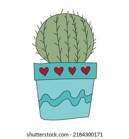 Home plant cactus in a blue pot. Cute vector doodle illustration of house plant.