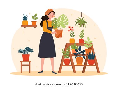 Home plant care concept. Woman rearranges pot with monster on shelf for plants. Different tropical flowers. Gardening as hobby. Cartoon flat vector illustration isolated on a white background