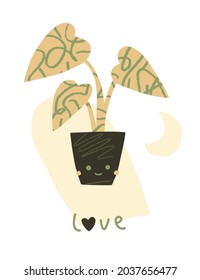 Home plant character. Cute indoor potted plant with love message on boho style greeting cards set. Vector hand-drawn illustration