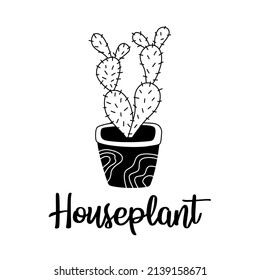 Home plant in cute pot in hand drawn style. Home decorations design elements. Outline hand drawing. Perfect for t-shirt, cards, poster, stickers. Vector illustration