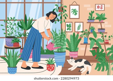 Jardín de la planta de casa, mujer y gato en la habitación, lindas plantas de la casa. Interior de casa con señora y mesa, invernadero de moda. Feliz pasatiempo interior. Personajes de caricatura de estilo plano con grisú vectorial botánico