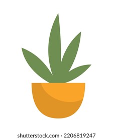 Home plant icon. Comfort and coziness in apartment. Large green leaves in yellow ceramic pot. Caring for nature and environment. Floristry, gardening and botany. Cartoon flat vector illustration