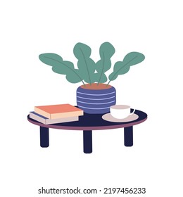 Home plant on coffee table, a cup of coffee and book. Cartoon vector illustration.