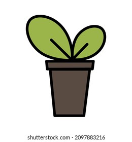 Home plant in pot. Green leaves. Indoor home interior. Isolated object. Cartoon design. Vector illustration. Stock image. 