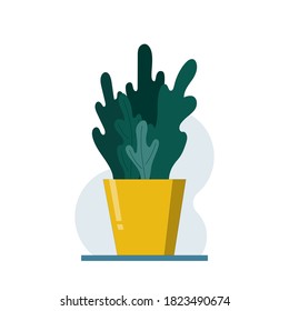 Heimpflanze in Topfvektorgrafik auf abstraktem Hintergrund. Grüne Hausdekoration. Design-Element für Druck, Muster, Verpackung, Banner, Werbung, Karte, Aufkleber.