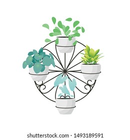 Home plant for style design window or house interior. Hanger with green  
modern home flowers. Elements for concept hygge room. Isolated garden decoration, vector illustration
