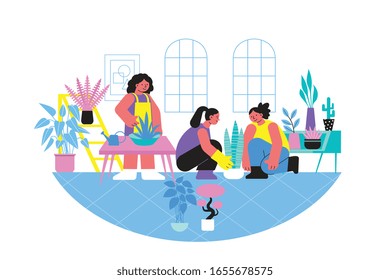Home plant transplant flat composition with group of female characters domestic scenery and plants in pots vector illustration