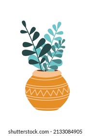 Home plant in vase or flower pot. Hygge style, urban jungle decor, vector flat illustration, isolated, cartoon.