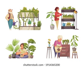 Home plants 2x2 compositions with people watering and taking care of houseplants isolated on white background flat vector illustration