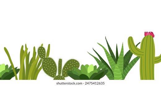 Plantas caseras bordean con cactus. Horizontal Anuncio. Ilustración vectorial