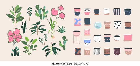 Home plants bundle. Houseplants, flowers, leaf branch, pots, flowerpots isolated. Flat style, urban jungle decor. Hand drawn vector. Green, blue, pink, beige pastel colors. Print, poster. Logo, label.