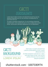 Home plants cactus in pots and cups. Various cartoon cactuses and succulents in flower pots and cups. They are with spines and flowers. There is copy space for your text on green and white.