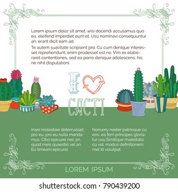 Home plants cactus in pots and cups. A variety of cartoon cactus with flowers and without. There is copyspace for your text on white and green backgrounds.