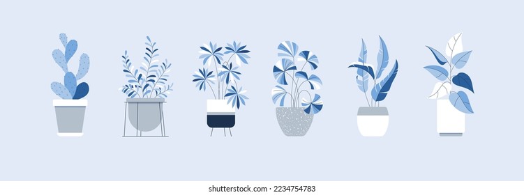 Plantas domésticas en macetas de cerámica en el estrado. Plantilla aislada de cactus, zamioculcas, ficus de estilo plano con contorno para el diseño interior, coziness. Ilustración vectorial botánica con ramas, hojas.