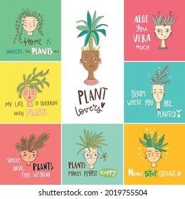 Home plants characters with hand lettering. Collection of plant lover cards.