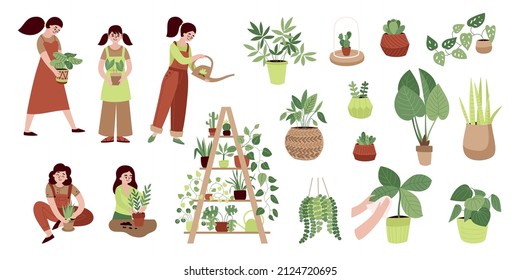 Home plants color icon set with various flowers in pots women taking care of flowers watering pots vector illustration