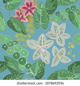home plants creeper leaves with flowers, seamless pattern