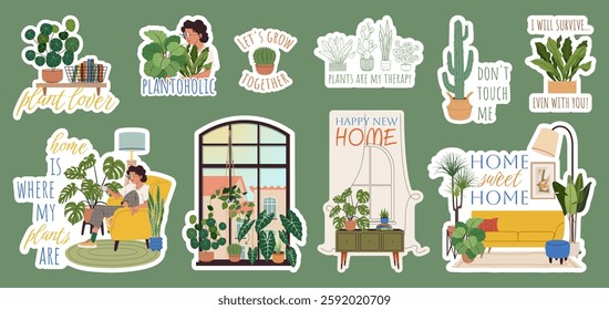 Home plants and home decor stickers. Stickers set with houseplants, cozy interiors, and plant themed quotes for diary and planner decor, plant lovers and home decor enthusiasts. Vector illustration.