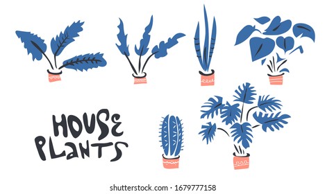 Home plants in decorative pots, isolated on white background. Vector flat cartoon illustration of blue potted houseplants. House room decoration design elements.