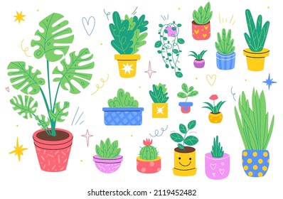 Home Plants. Different Breeds Houseplants, Color Pots, Floriculture And Gardening, Cozy Indoor Hobby, Doodle Style Palms And Ficuses, Monstera And Succulents Vector Set