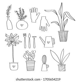 
Heimpflanzen doodle Vektorillustration Set. Topfpflanzen. Kakteen, Palmen, Sukkulente, Blumen mit großen Blättern, eine Reihe von Gartenwerkzeugen für das Haus, Handschuhe. Der Garten und das Hobby Konzept.Das Essen kann.
